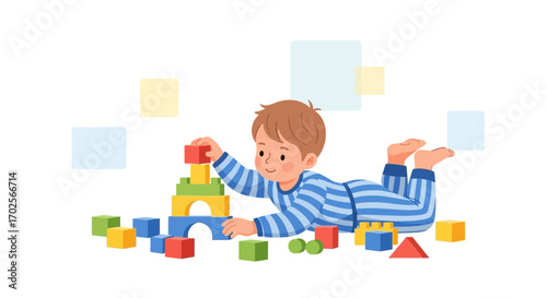 Joyful Toddler Building Tower With Colorful Blocks On White Background