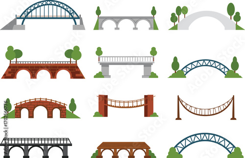 PrintFlat Design Vector Collection of Various Bridge Types Including Arch, Suspension, Wooden, Stone, and Modern for Infrastructure Projects
