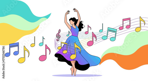 Musical Dancer in a Flowing Gown and Colorful Musical Notes on White Background