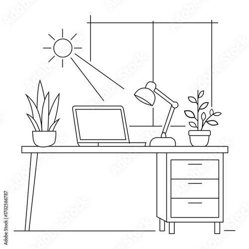 Desk with laptop plants and desk lamp in sunlight computer