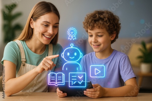 mother and son are enjoying new technology learning process by using tablet