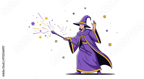 Mystical Wizard Casting A Spell With Magical Sparkles Against A White Background