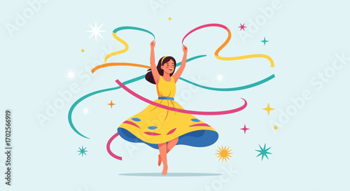 Joyful Woman Dancing With Colorful Ribbons, A Cheerful Celebration of Happiness
