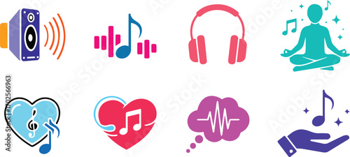  collection of vector illustrations of musicrelated icons in various colors on an the icons include a speaker, sound waves, headphones, a person meditating, and a heart with a music note