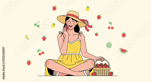 Joyful Woman Enjoying Summer Fruits and Delights in a Sunny Outdoor Setting