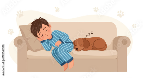 Naptime Serenity: Boy And Dog Share Peaceful Sleep On The Cozy Couch