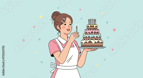 Joyful Woman Holding Birthday Cake Being Lit With Lit Candle In Her Hand