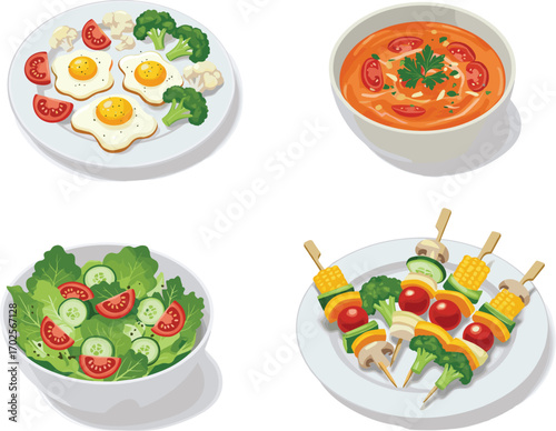 PrintHealthy balanced meals with vegetables, eggs, salad, soup, and skewers, perfect for diet plans, vegetarian recipes, or food blogs.