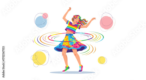 Joyful Woman Hooping and Smiling with Colorful Outfit Depicting Happiness and Exuberance