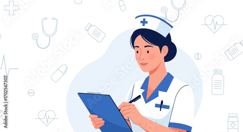 Nurse Writing Information On Clipboard Focused On Healthcare And Medicines, Vector Illustration