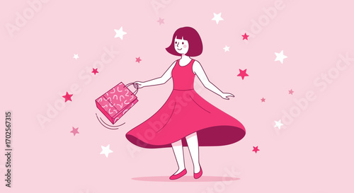Joyful Woman with Shopping bag and Sparkling Stars Celebration in Pinkish Environment