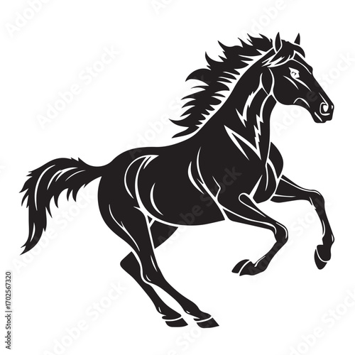 A powerful black horse silhouette in motion, isolated on white background, with a flowing mane and tail, representing freedom and strength
