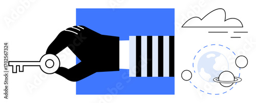 Hand in striped sleeve holding a key, Earth encircled by planets and cloud. Ideal for access, opportunity, global reach, unlocking potential, security, strategy vision. Simple flat metaphor