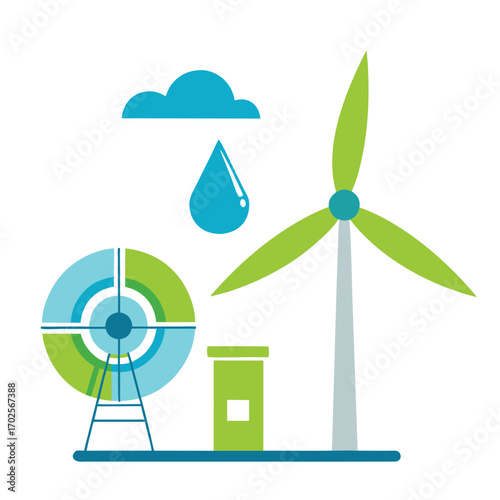 Wind powered water purifier turbine illustration renewable energy droplet cloud clean water vector