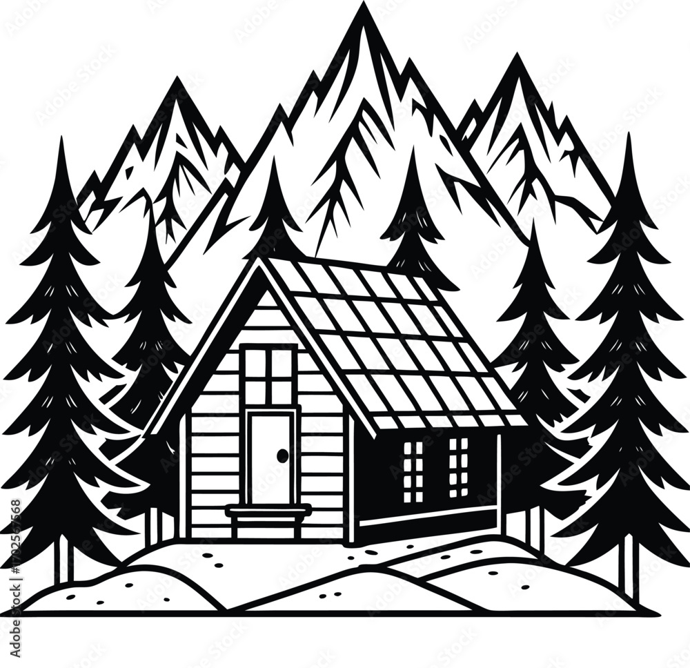 Fototapeta premium Rustic mountain cabin surrounded by pine trees and majestic peaks