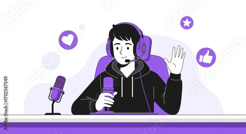 Online Broadcaster Enthusiasm, Sharing Content, Connection, and Digital Communication Illustration