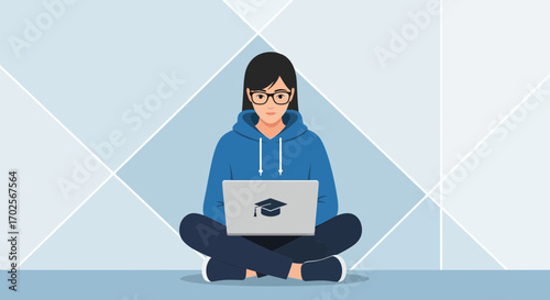 Online Education And Modern Learning Illustrated: A Female Student With Laptop