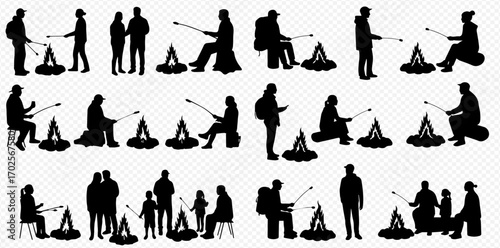Silhouettes of people camping and roasting marshmallows around campfires, depicting various outdoor leisure activities.