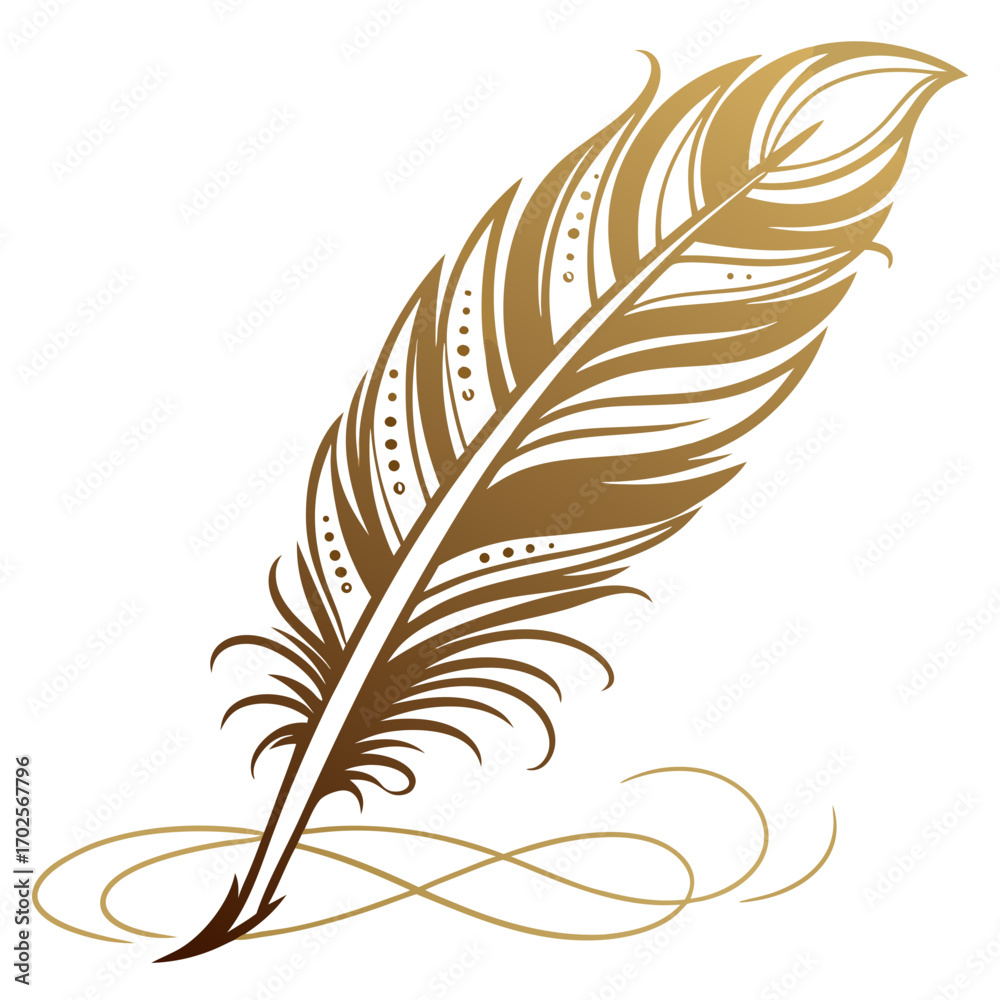 Fototapeta premium Golden feather quill pen with swirls drawing