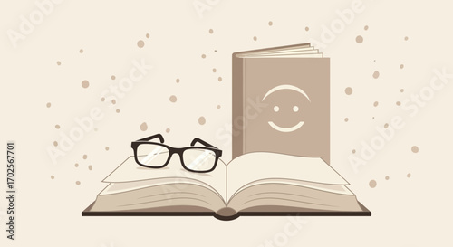 Open Book With Eyeglasses And Smiling Face, Ready For Education And Knowledge
