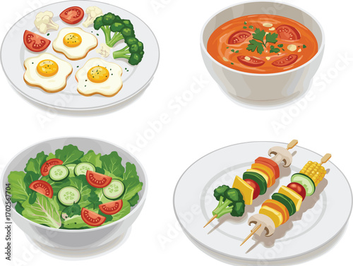 PrintHealthy food vector illustration with eggs, salad, soup, and vegetable skewers, ideal for diet, nutrition, cooking, and meal planning.