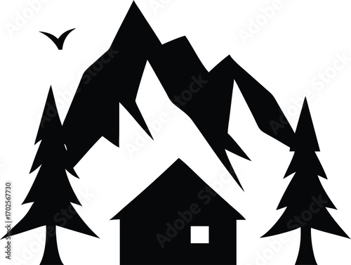 cabin nestled among mountains and pine trees