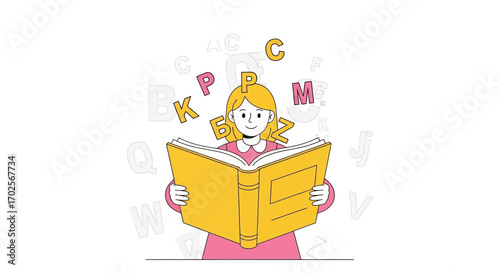 Joyful Young Person Immersed Learning With Open Book and Alphabet Letter Symbols Above Her