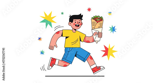 Joyful Young Person Running With Delicious Wrapped Food, Vector Illustration