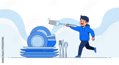 Joyful Youngster Exhibits Plates And Utensils, Symbolizing Culinary Dreams And Design