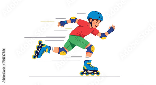 Joyful Youngster Inline Skating with Enthusiasm and Protection on a White Backdrop