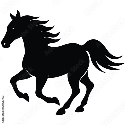 Black silhouette of a galloping horse with flowing mane and tail on white running animal