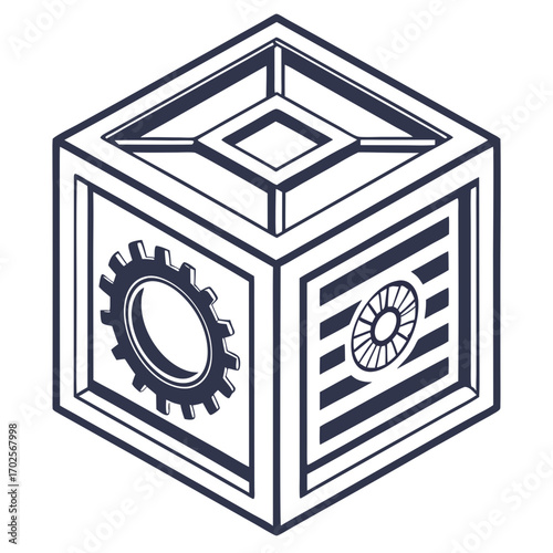 Isometric box with gear and eye, vector design