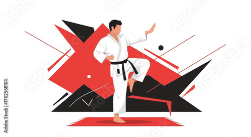 Karate Practitioner Executing A Powerful Technique Against A Dynamic Abstract Background