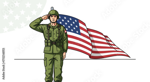 Patriotic Soldier in Uniform Saluting with American Flag in a Symbolic Representation
