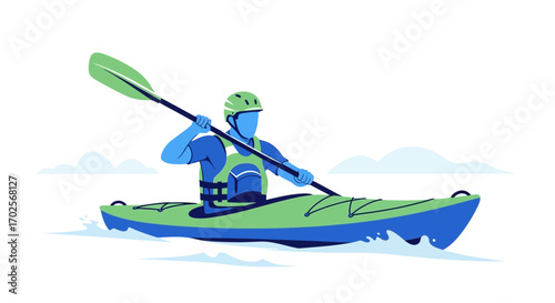 Kayaker Navigating Calm Waters Illustrated, Vector Illustration Of Recreational Sport