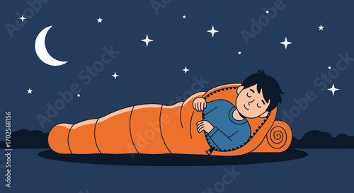 Peaceful Camper Sleeping Under Starry Sky In A Cozy Sleeping Bag During Night