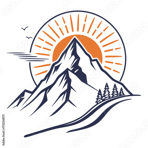 Mountain peak with sunburst and pine trees, a nature logo design concept