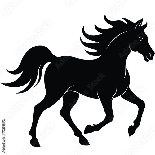 Black Silhouette of a Galloping Horse with Flowing Mane and Tail running fast