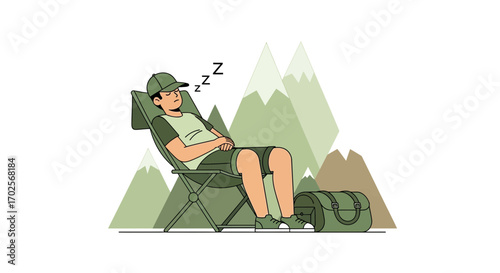 Peaceful Camper Napping Amidst Mountain Ranges in Vector Illustration Style