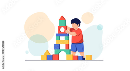 Kid Constructing Tower With Colorful Blocks Demonstrating Cognitive And Motor Skill Development
