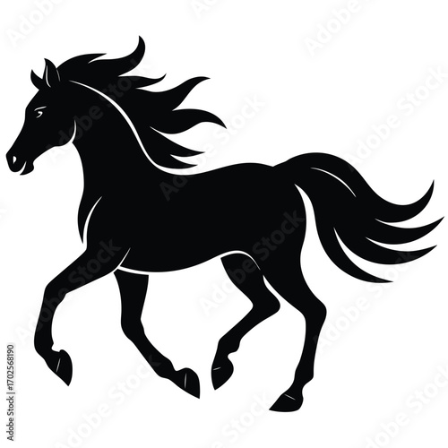 Black silhouette of a galloping horse with flowing mane and tail running motion