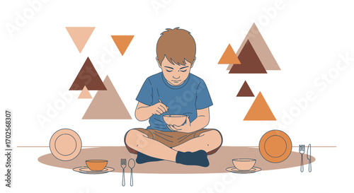 Kid Focused On Bowl Enjoying Meal With Geometrical Shapes, Simple Color.