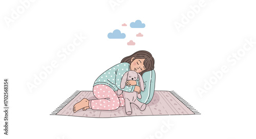 Peaceful Dreaming Cartoon Of A Young Girl Cuddling A Stuffed Animal On A Rug
