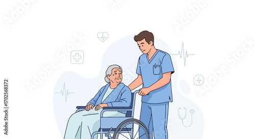 Kindhearted Caregiver Assisting Elderly Patient in Wheelchair, Providing Compassionate Support