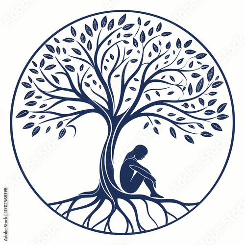 Person sitting under tree in vector style