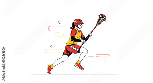 Lacrosse Player Running With The Stick Ready To Perform, Sports Illustration, Modern Design