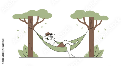 Peaceful Moment: Relaxing Man Under Trees in a Hammock Enjoying Nature's Serenity