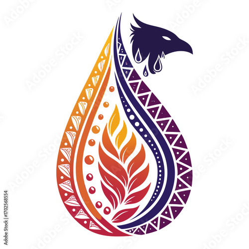 Stylized phoenix bird head in teardrop shape