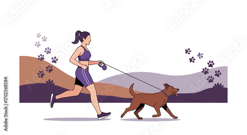 Lady Exercises With Her Pet Dog Outdoors, Embracing a Healthy And Joyful Lifestyle