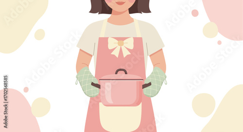 Lady Holding a Pink Cookware Set with a Delicate Apron, Kitchen Illustration